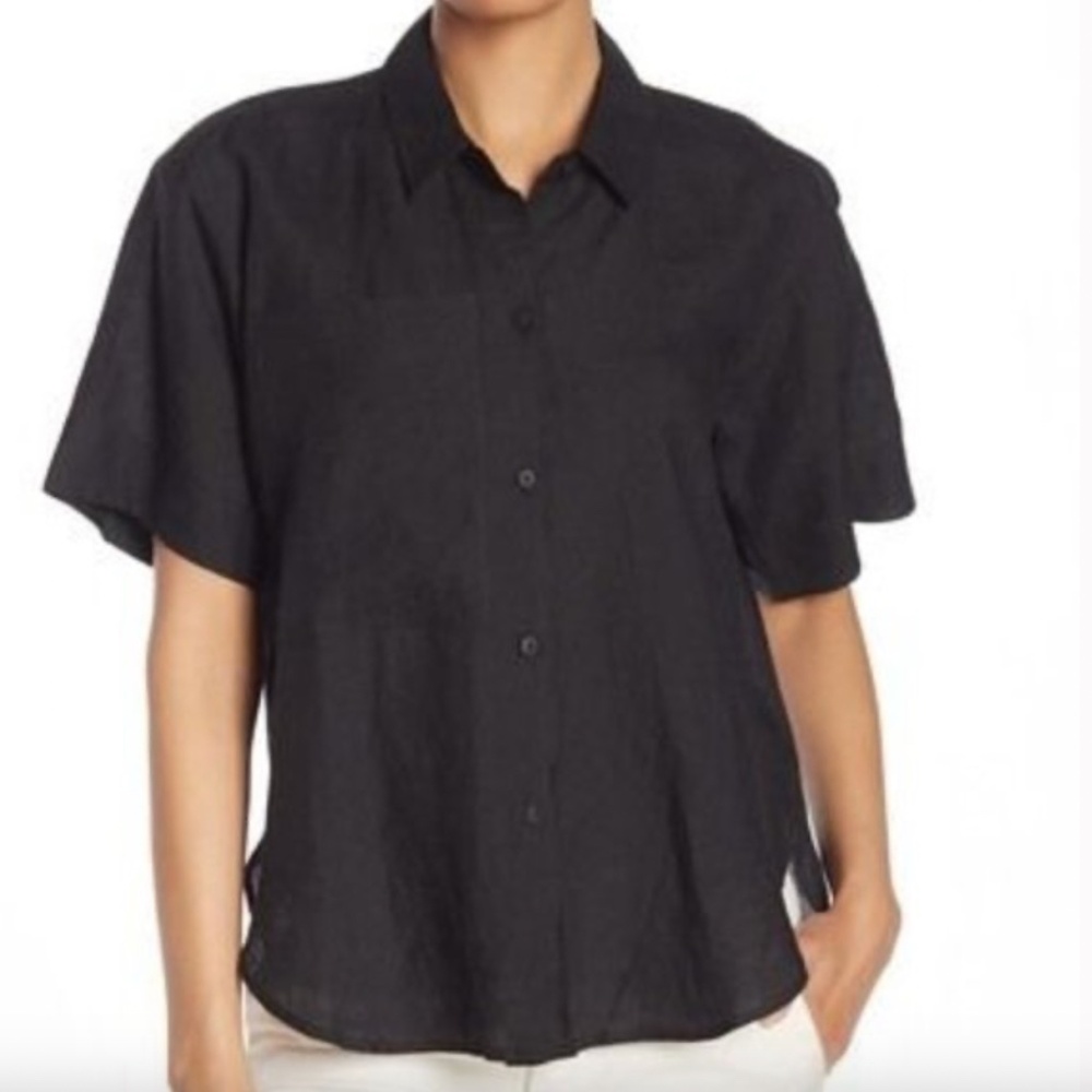 Jarbo Big Pocket Button Front Linen Shirt Short Sleeve Black Size 0/XS